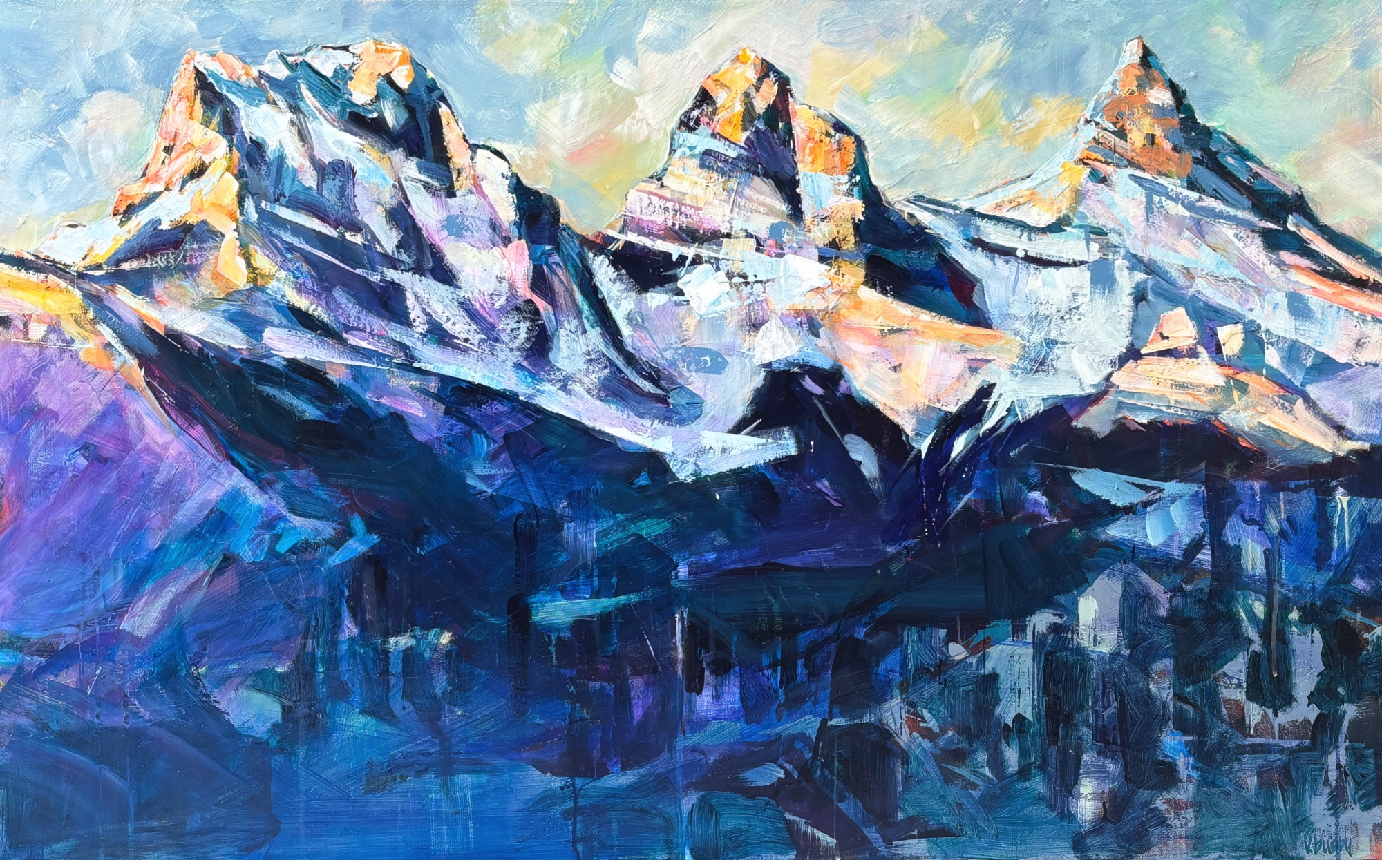 Three Sisters Winter View, original acrylic landscape painting of the Three Sisters mountains by Canadian artist Verne Busby at Effusion Art Gallery in Invermere, BC.