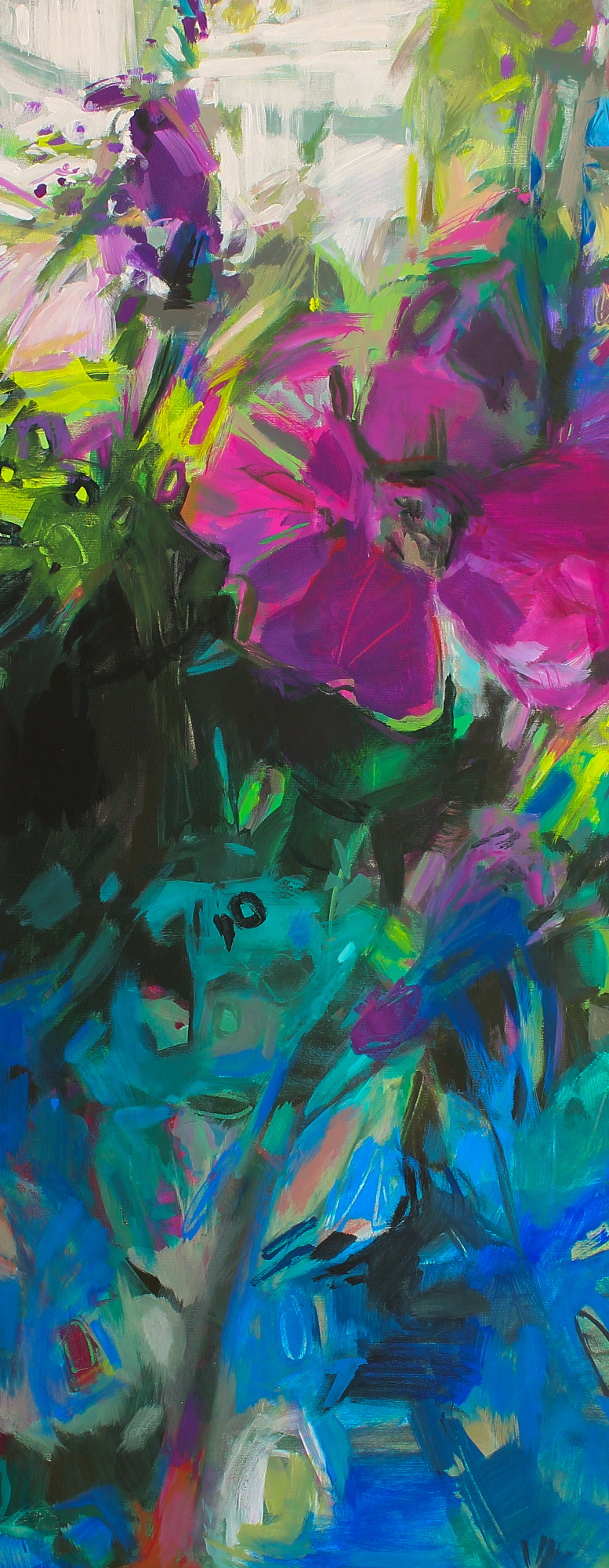 Summer Dreams, original acrylic abstract floral painting by Canadian artist Becky Holuk at Effusion Art Gallery in Invermere, BC.