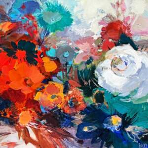 With Time Comes Healing, original acrylic abstract floral painting by Canadian artist Becky Holuk at Effusion Art Gallery in Invermere, BC.