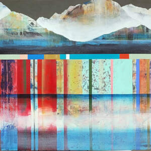 Douce rencontre, original mixed media canoe + mountains painting by Canadian artist Sylvain Leblanc at Effusion Art Gallery in Invermere, BC.
