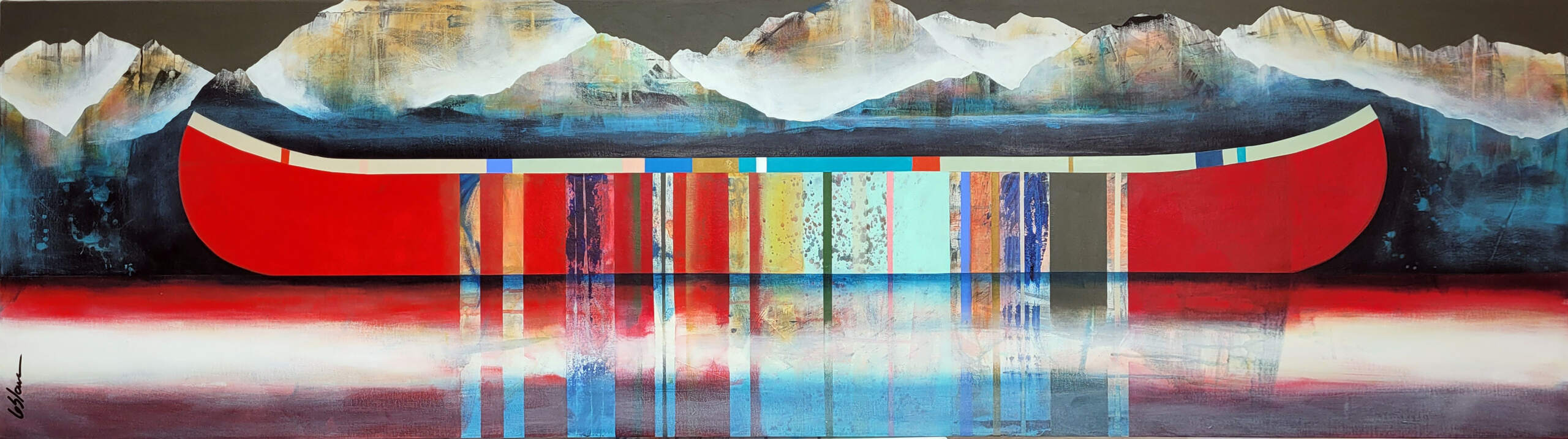 Douce rencontre, original mixed media canoe + mountains painting by Canadian artist Sylvain Leblanc at Effusion Art Gallery in Invermere, BC.