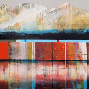 Doucement vers le bonheur, original mixed media canoe + mountains painting by Canadian artist Sylvain Leblanc at Effusion Art Gallery in Invermere, BC.