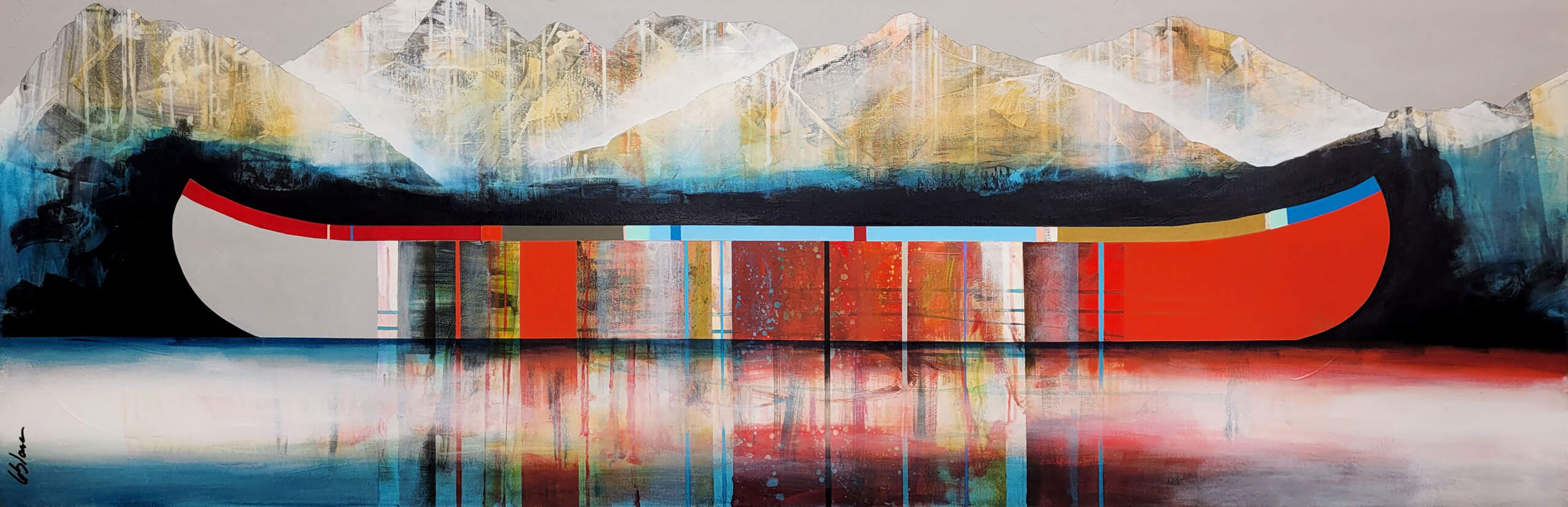 Doucement vers le bonheur, original mixed media canoe + mountains painting by Canadian artist Sylvain Leblanc at Effusion Art Gallery in Invermere, BC.