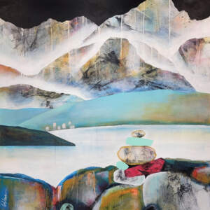Et pendant ce moment, original mixed media mountain landscape painting by Canadian artist Sylvain Leblanc at Effusion Art Gallery in Invermere, BC.