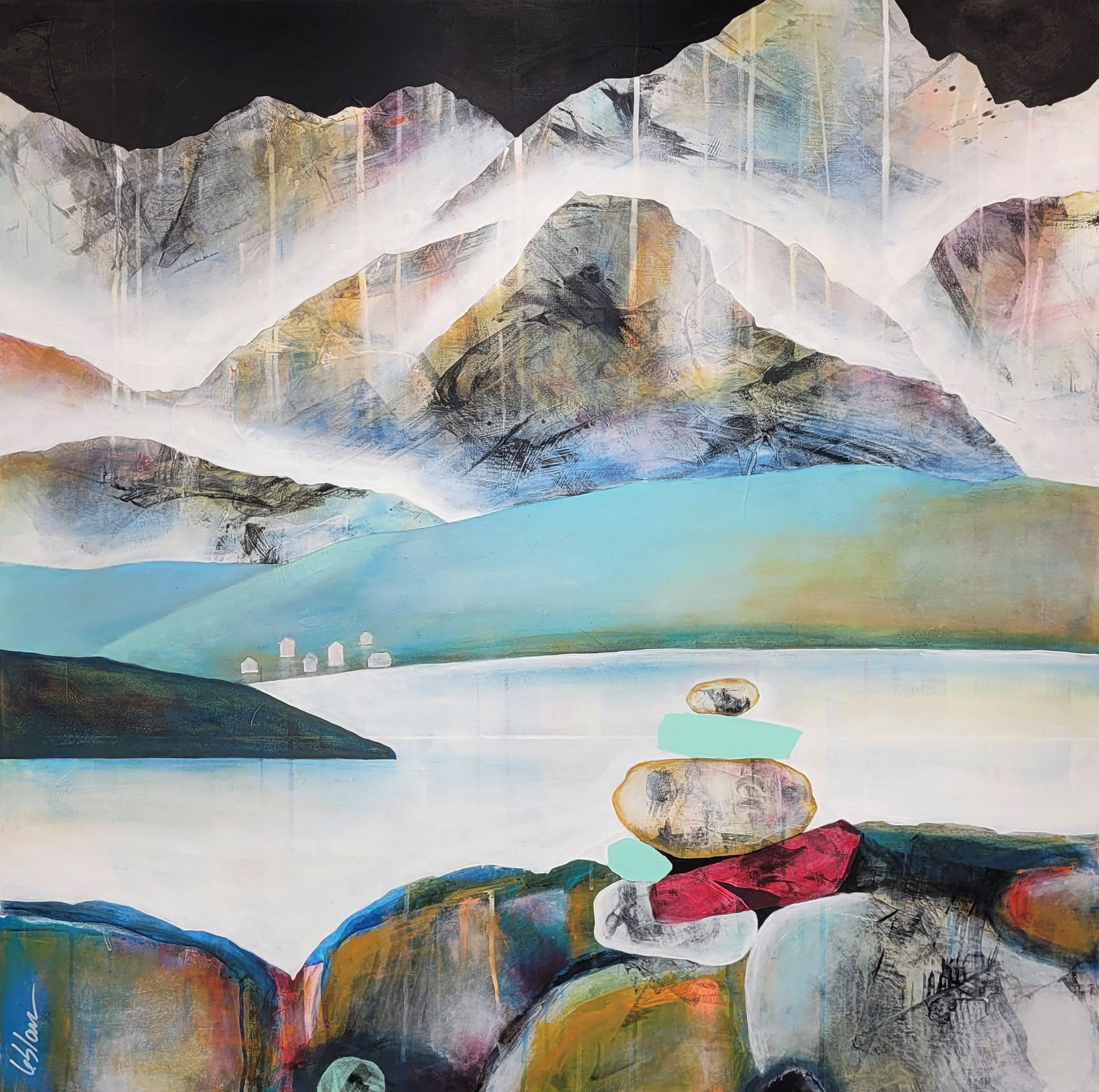 Et pendant ce moment, original mixed media mountain landscape painting by Canadian artist Sylvain Leblanc at Effusion Art Gallery in Invermere, BC.