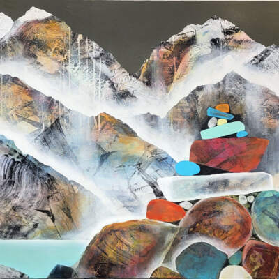 Je the ferai signe, original mixed media mountain lake landscape painting by Canadian artist Sylvain Leblanc at Effusion Art Gallery in Invermere, BC.