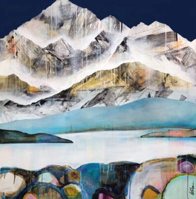 Le calm ça fair sourire, original mixed media mountain landscape painting by Canadian artist Sylvain Leblanc at Effusion Art Gallery in Invermere, BC.
