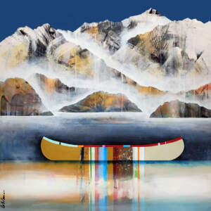 Ma belle histoire, original mixed media canoe and mountain painting by Canadian artist Sylvain Leblanc at Effusion Art Gallery in Invermere, BC.