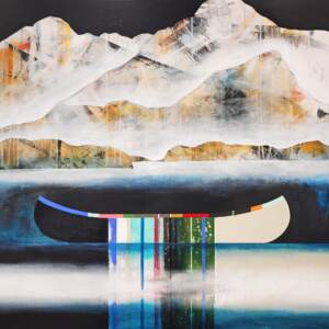 Quand tourne le vent, original mixed media canoe and mountain painting by Canadian artist Sylvain Leblanc at Effusion Art Gallery in Invermere, BC.