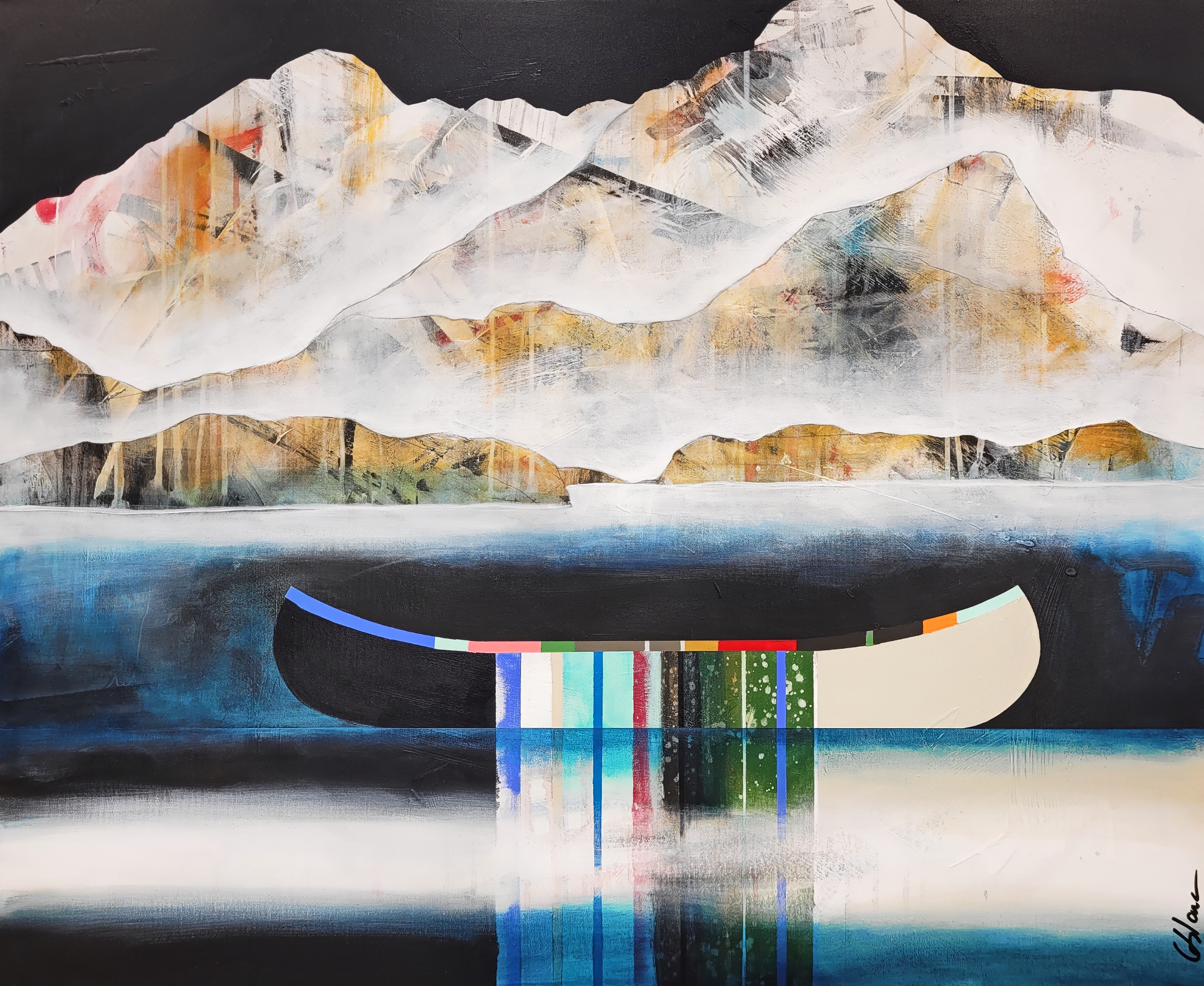 Quand tourne le vent, original mixed media canoe and mountain painting by Canadian artist Sylvain Leblanc at Effusion Art Gallery in Invermere, BC.