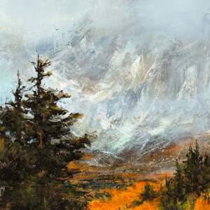 Late Autumn, original acrylic autumn mountain landscape painting by Canadian artist William Liao at Effusion Art Gallery in Invermere, BC.