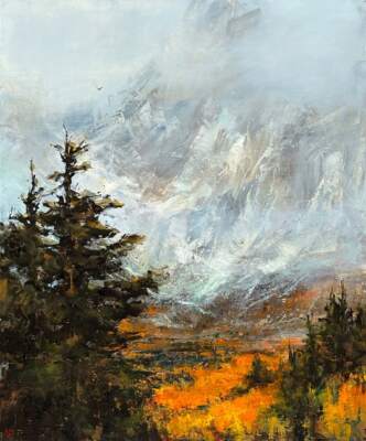 Late Autumn, original acrylic autumn mountain landscape painting by Canadian artist William Liao at Effusion Art Gallery in Invermere, BC.