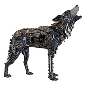 The Calling, original reclaimed steel wolf sculpture by Canadian artist Wendy Stone at Effusion Art Gallery in Invermere, BC.