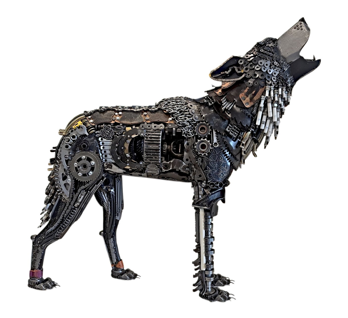 The Calling, original reclaimed steel wolf sculpture by Canadian artist Wendy Stone at Effusion Art Gallery in Invermere, BC.