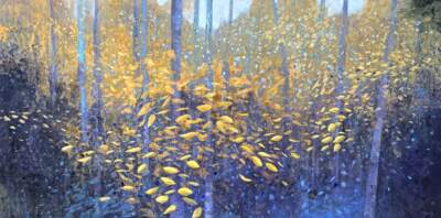 Indigo and Gold, original acrylic tree painting by Canadian artist Diana Zasadny at Effusion Art Gallery in Invermere, BC.