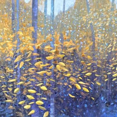 Indigo and Gold, original acrylic tree painting by Canadian artist Diana Zasadny at Effusion Art Gallery in Invermere, BC.
