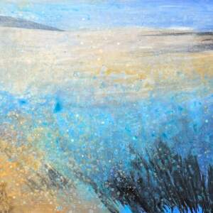 Sunlight and Azure Blue, original acrylic soft prairie landscape painting by Canadian artist Diana Zasadny at Effusion Art Gallery in Invermere, BC.