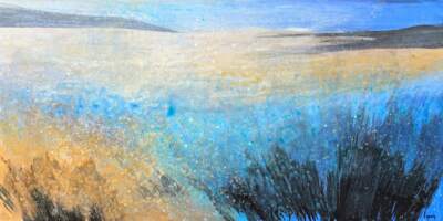 Sunlight and Azure Blue, original acrylic soft prairie landscape painting by Canadian artist Diana Zasadny at Effusion Art Gallery in Invermere, BC.