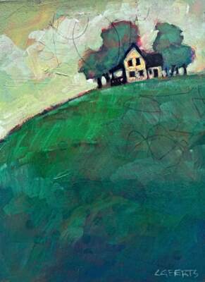 A Place with a View, original mixed media farmhouse landscape painting by Canadian artist Connie Geerts at Effusion Art Gallery in Invermere, BC.