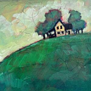 A Place with a View, original mixed media farmhouse landscape painting by Canadian artist Connie Geerts at Effusion Art Gallery in Invermere, BC.