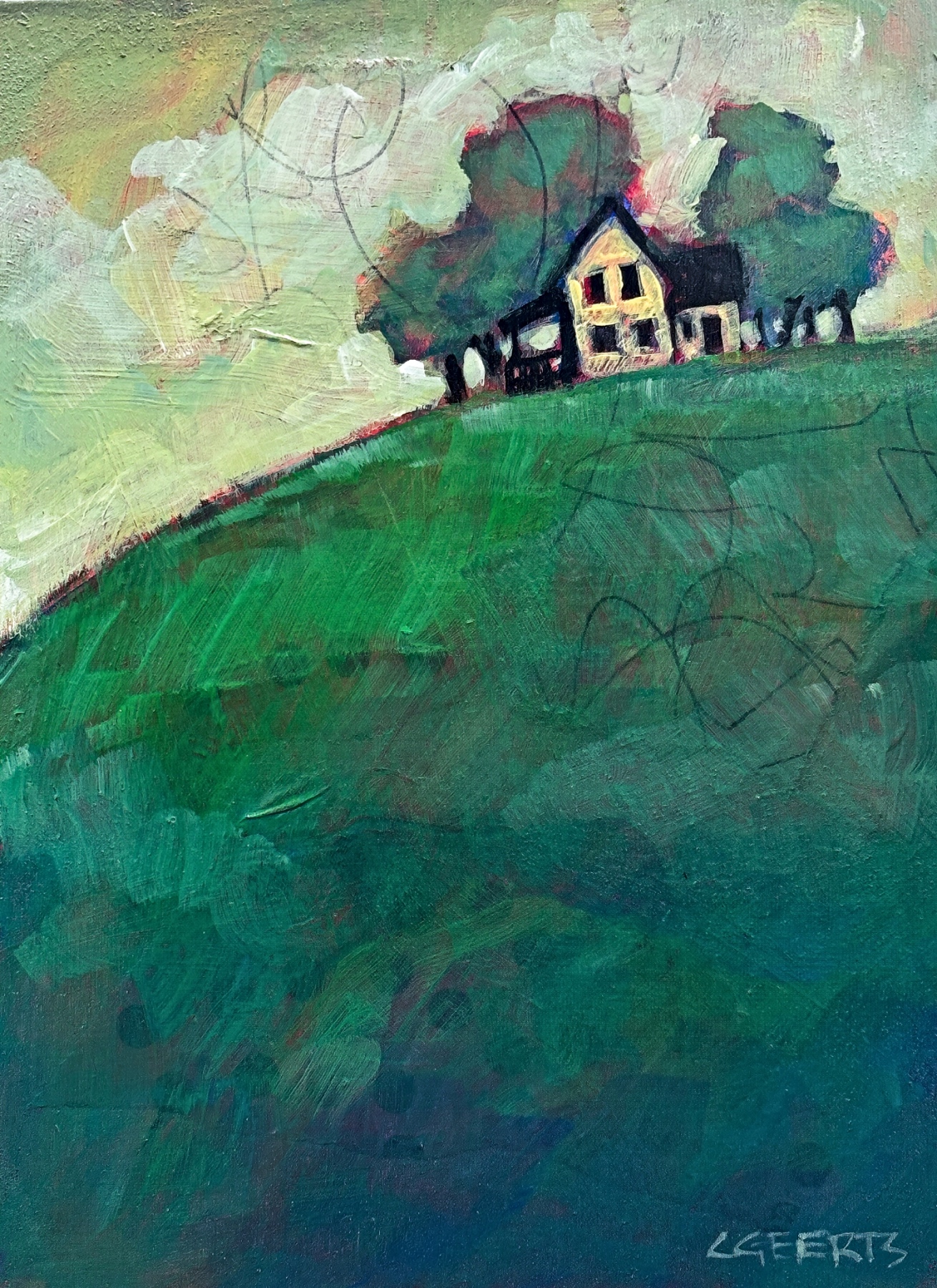 A Place with a View, original mixed media farmhouse landscape painting by Canadian artist Connie Geerts at Effusion Art Gallery in Invermere, BC.