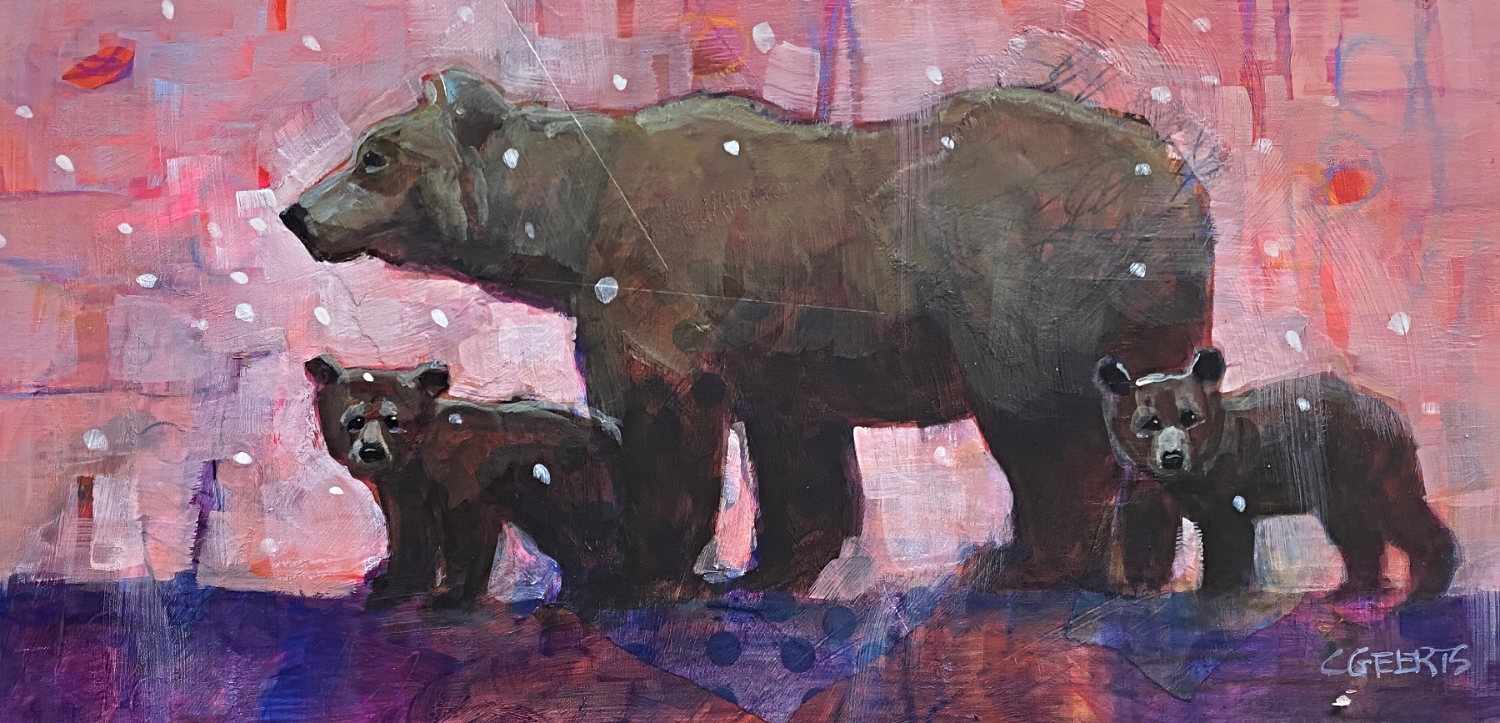 Adventures with Mom, original mixed media mama bear and cubs painting by Canadian artist Connie Geerts at Effusion Art Gallery in Invermere, BC.