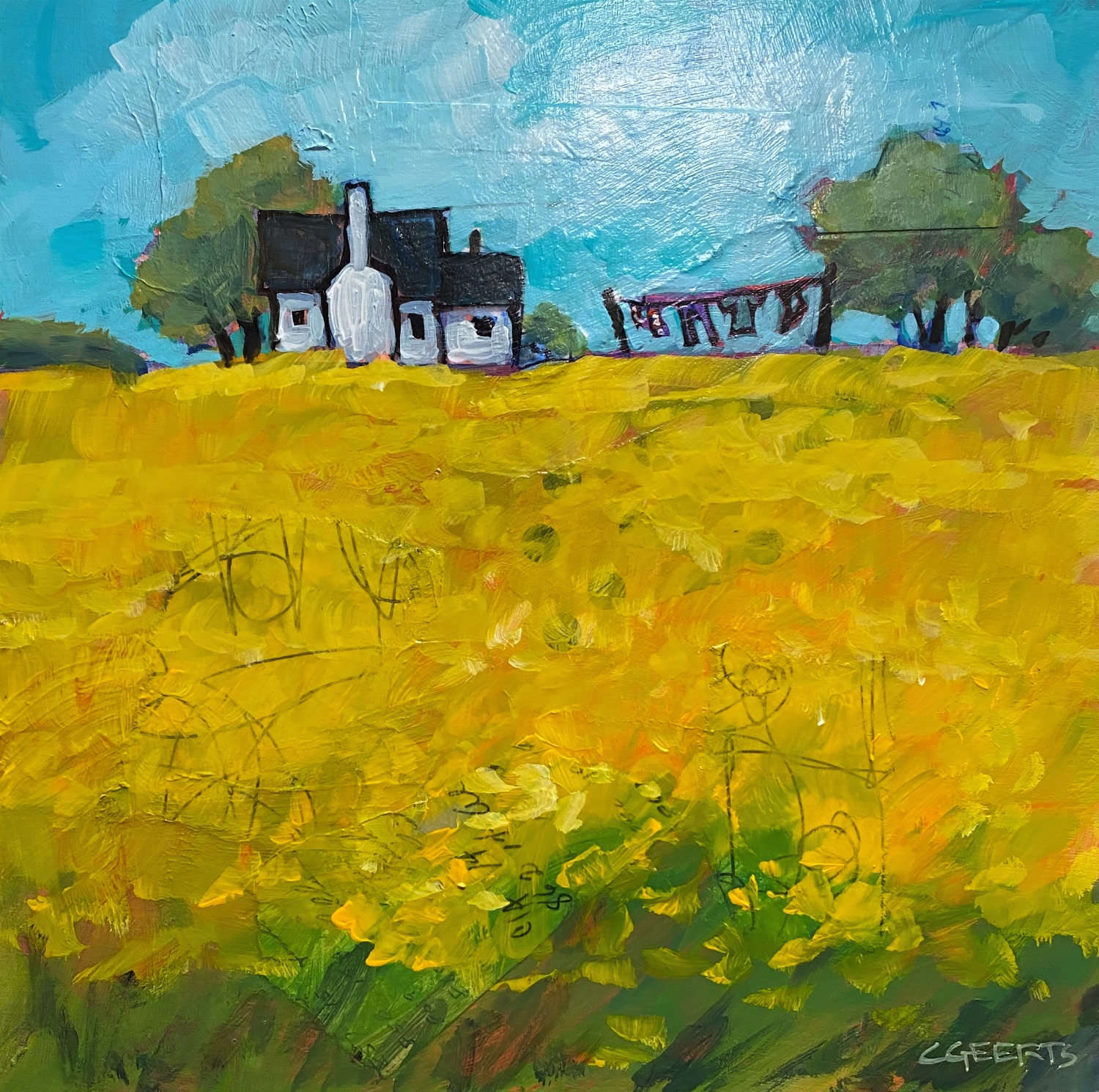Beside the Canola, original mixed media farm painting by Canadian artist Connie Geerts at Effusion Art Gallery in Invermere, BC.