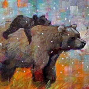 Carry Me Home, original mixed media painting of a mama bear and her sleepy cub by Canadian artist Connie Geerts at Effusion Art Gallery in Invermere, BC.