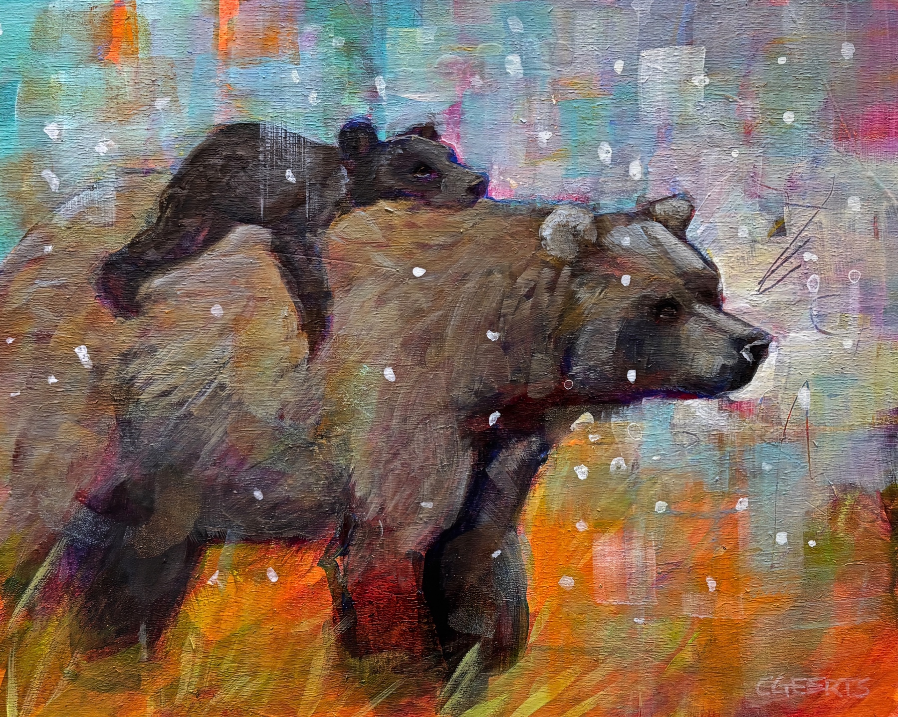 Carry Me Home, original mixed media painting of a mama bear and her sleepy cub by Canadian artist Connie Geerts at Effusion Art Gallery in Invermere, BC.