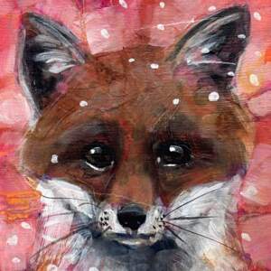 Clever, original mini mixed media fox painting by Canadian artist Connie Geerts at Effusion Art Gallery in Invermere, BC.