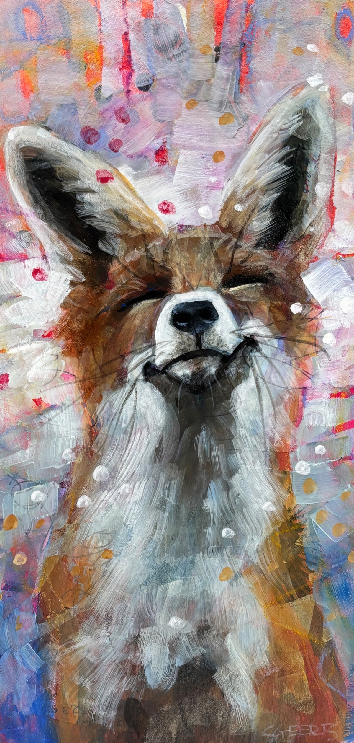 Energy of Bliss, original mini mixed media fox painting by Canadian artist Connie Geerts at Effusion Art Gallery in Invermere, BC.