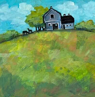 Idyllic, original mixed media farmhouse landscape painting by Canadian artist Connie Geerts at Effusion Art Gallery in Invermere, BC.