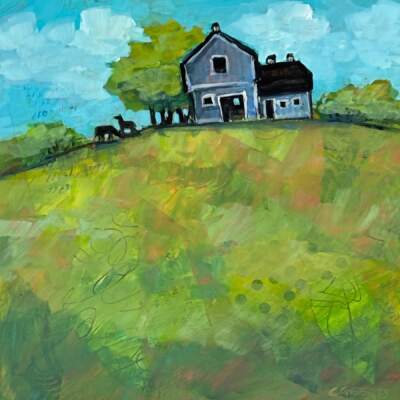 Idyllic, original mixed media farmhouse landscape painting by Canadian artist Connie Geerts at Effusion Art Gallery in Invermere, BC.