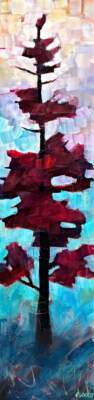 In a Cool Forest, original acrylic pixelated tree painting by Canadian artist Connie Geerts at Effusion Art Gallery in Invermere, BC.