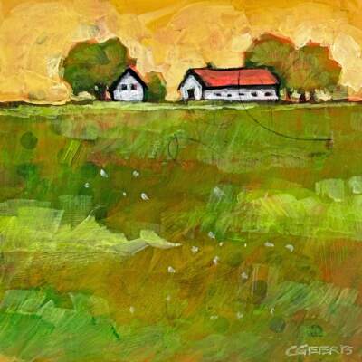 Little Farm, original mixed media farm landscape painting by Canadian artist Connie Geerts at Effusion Art Gallery in Invermere, BC.