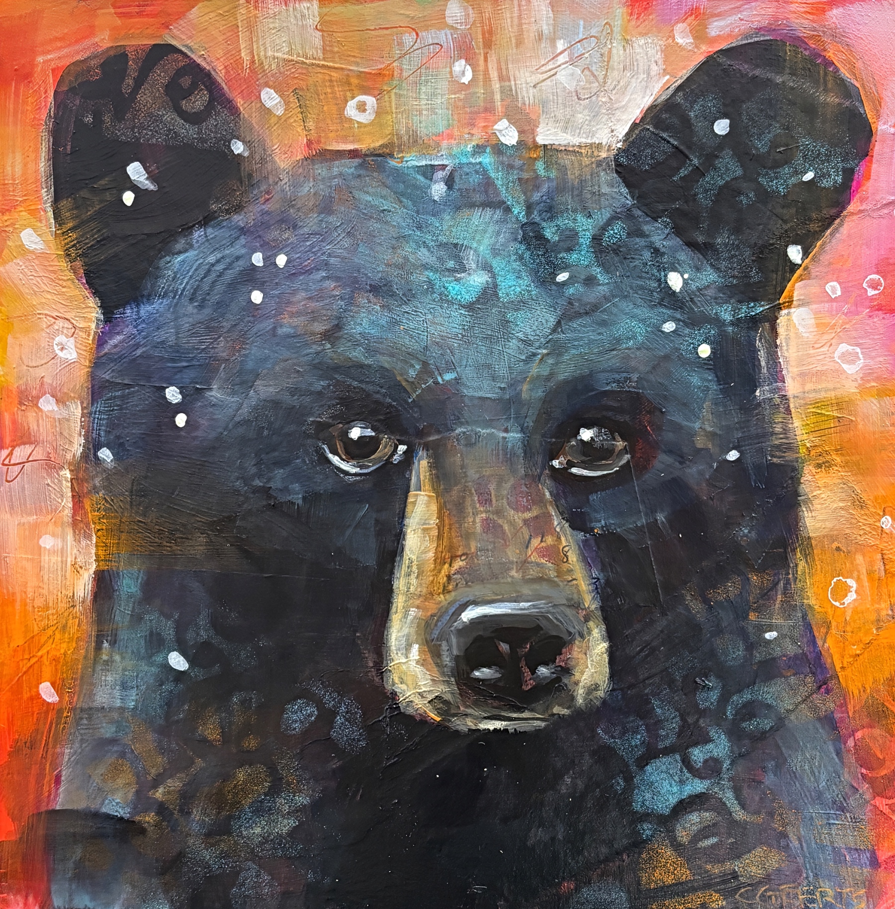 Pearl, original mini mixed media bear cub painting by Canadian artist Connie Geerts at Effusion Art Gallery in Invermere, BC.