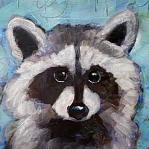 Riley, original mini mixed media raccoon painting by Canadian artist Connie Geerts at Effusion Art Gallery in Invermere, BC.