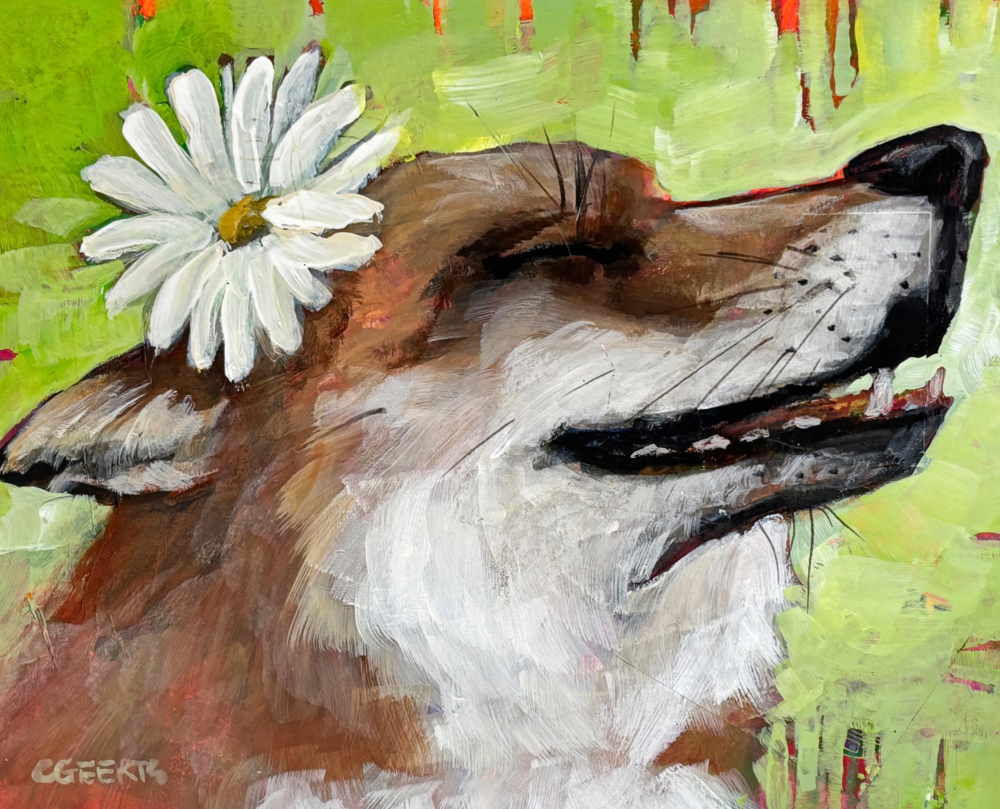 Smiley, original mini mixed media fox painting by Canadian artist Connie Geerts at Effusion Art Gallery in Invermere, BC.