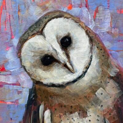 Tell Me More, original mixed media barn owl painting by Canadian artist Connie Geerts at Effusion Art Gallery in Invermere, BC.