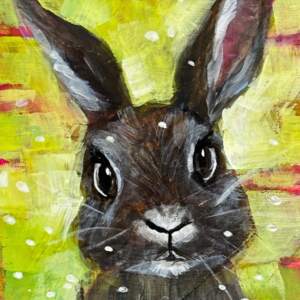 The Smart One, original mini mixed media bunny painting by Canadian artist Connie Geerts at Effusion Art Gallery in Invermere, BC.