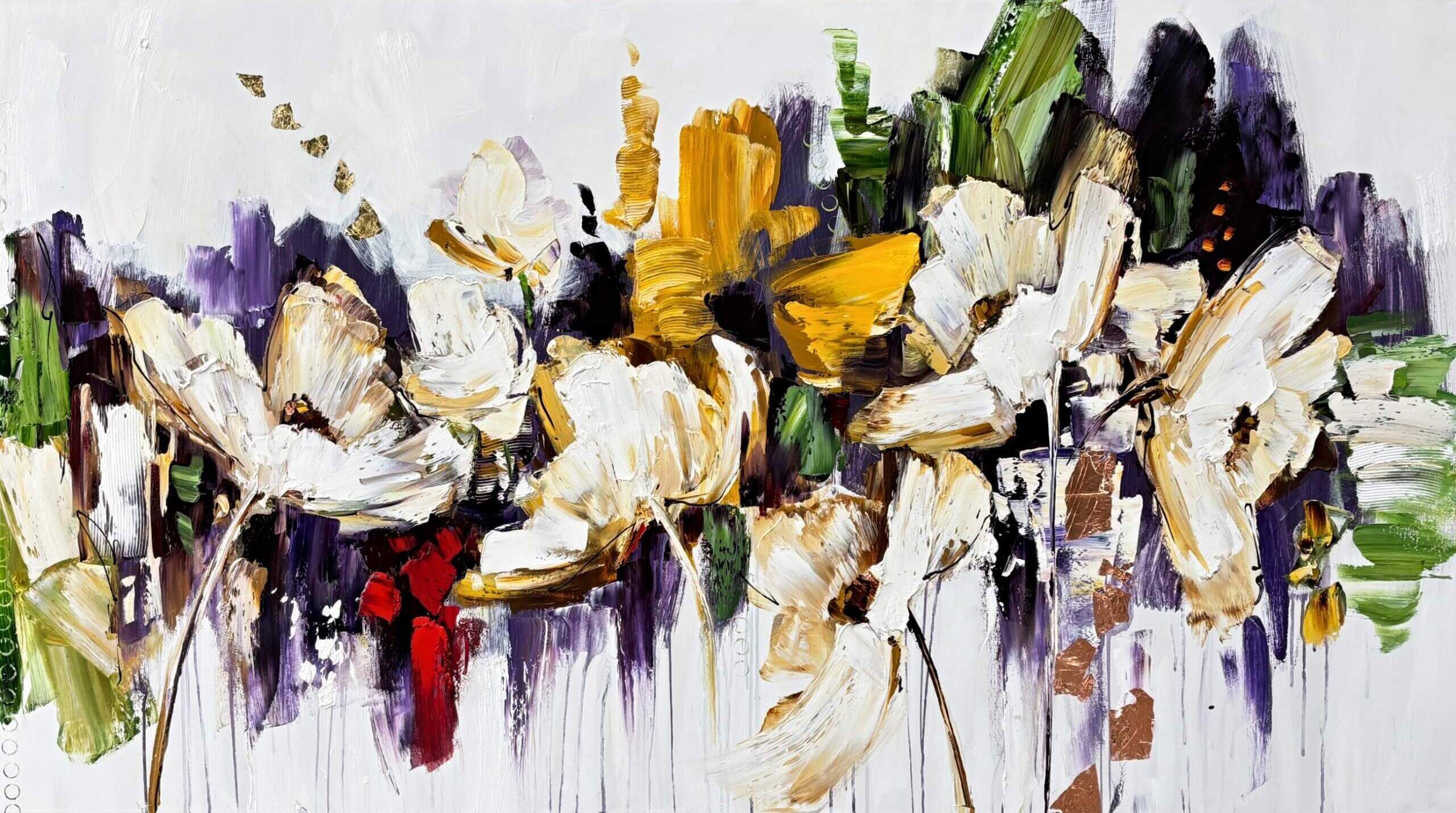 Glorious and Wild, original modern floral painting with gold and copper leaf by Canadian artist Kimberly Kiel at Effusion Art Gallery in Invermere, BC.