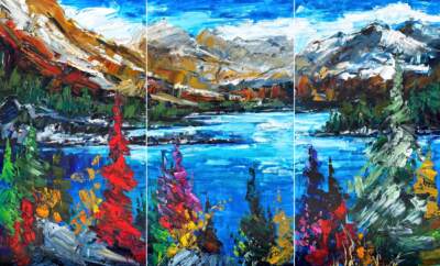 Iconic Images of the Rockies: Moraine Lake, original large triptych landscape painting of Moraine Lake by Canadian artist Kimberly Kiel at Effusion Art Gallery in Invermere, BC.