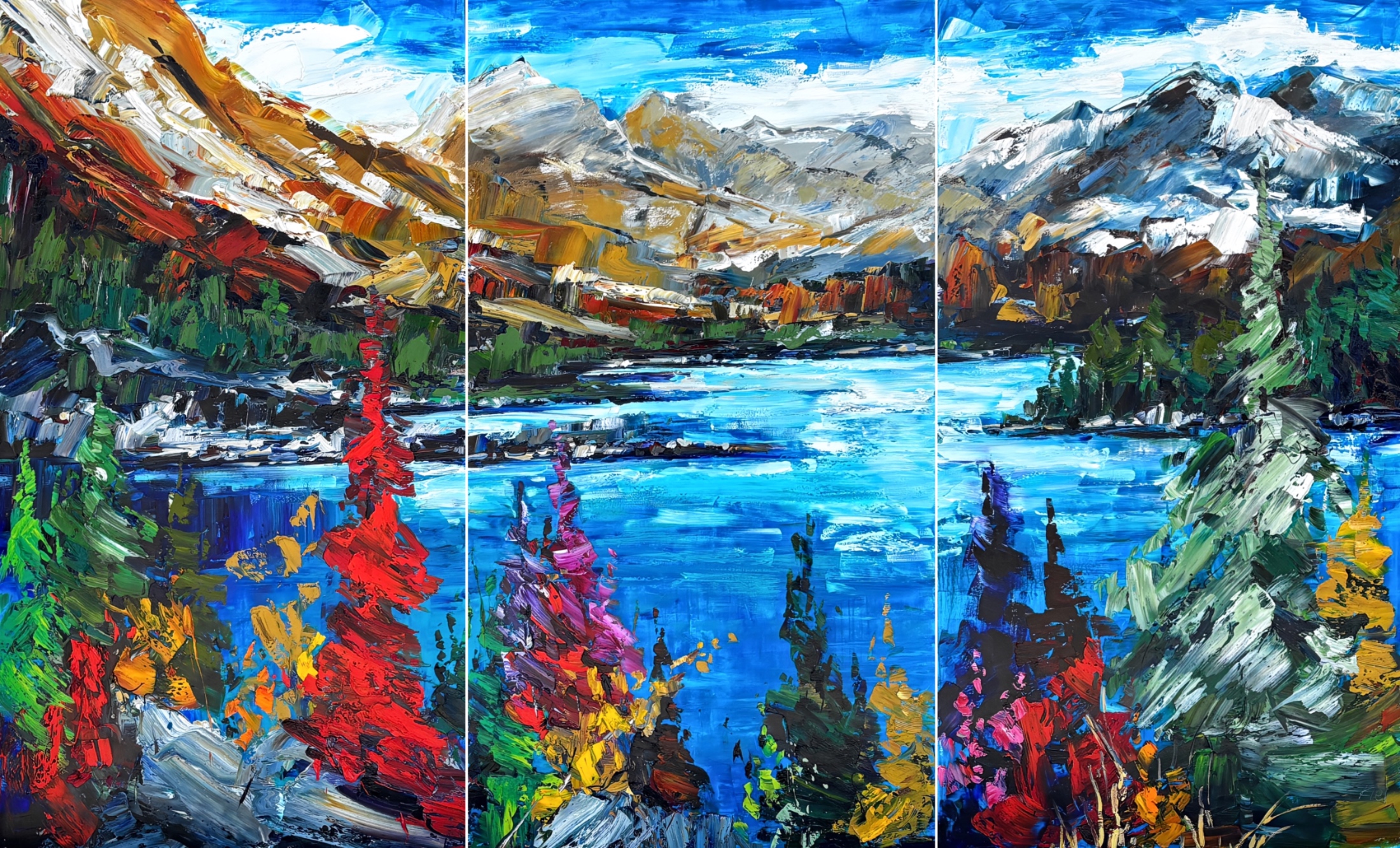 Iconic Images of the Rockies: Moraine Lake, original large triptych landscape painting of Moraine Lake by Canadian artist Kimberly Kiel at Effusion Art Gallery in Invermere, BC.