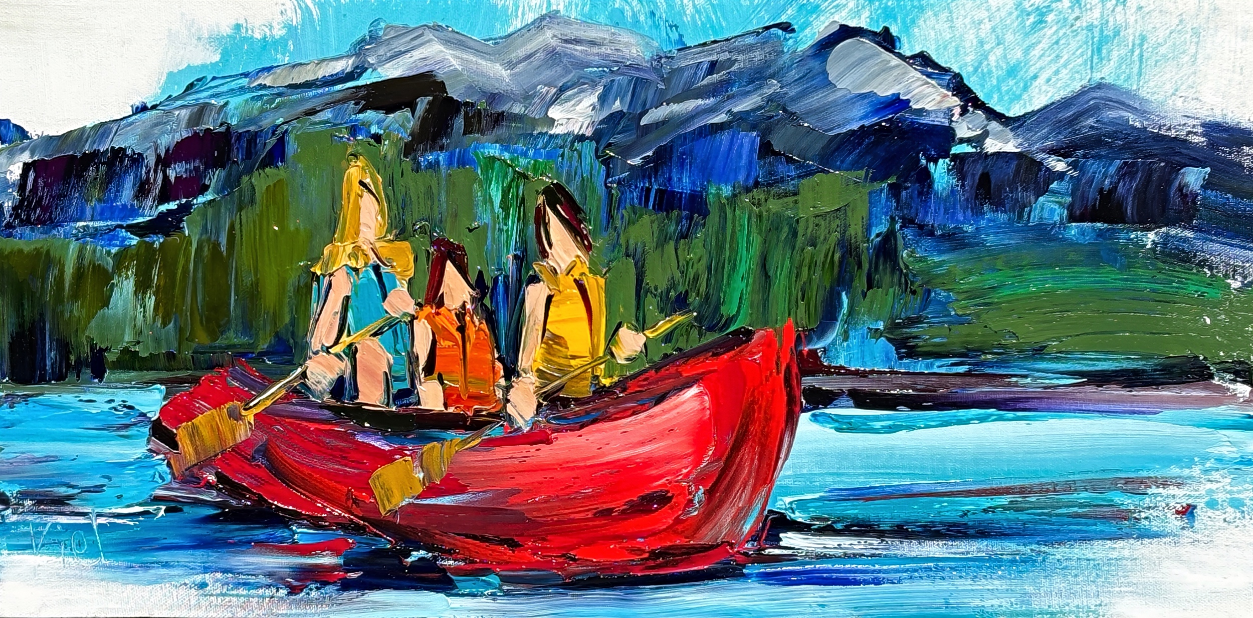 In the Summertime 3, original painting of a family canoeing by Canadian artist Kimberly Kiel at Effusion Art Gallery in Invermere, BC.