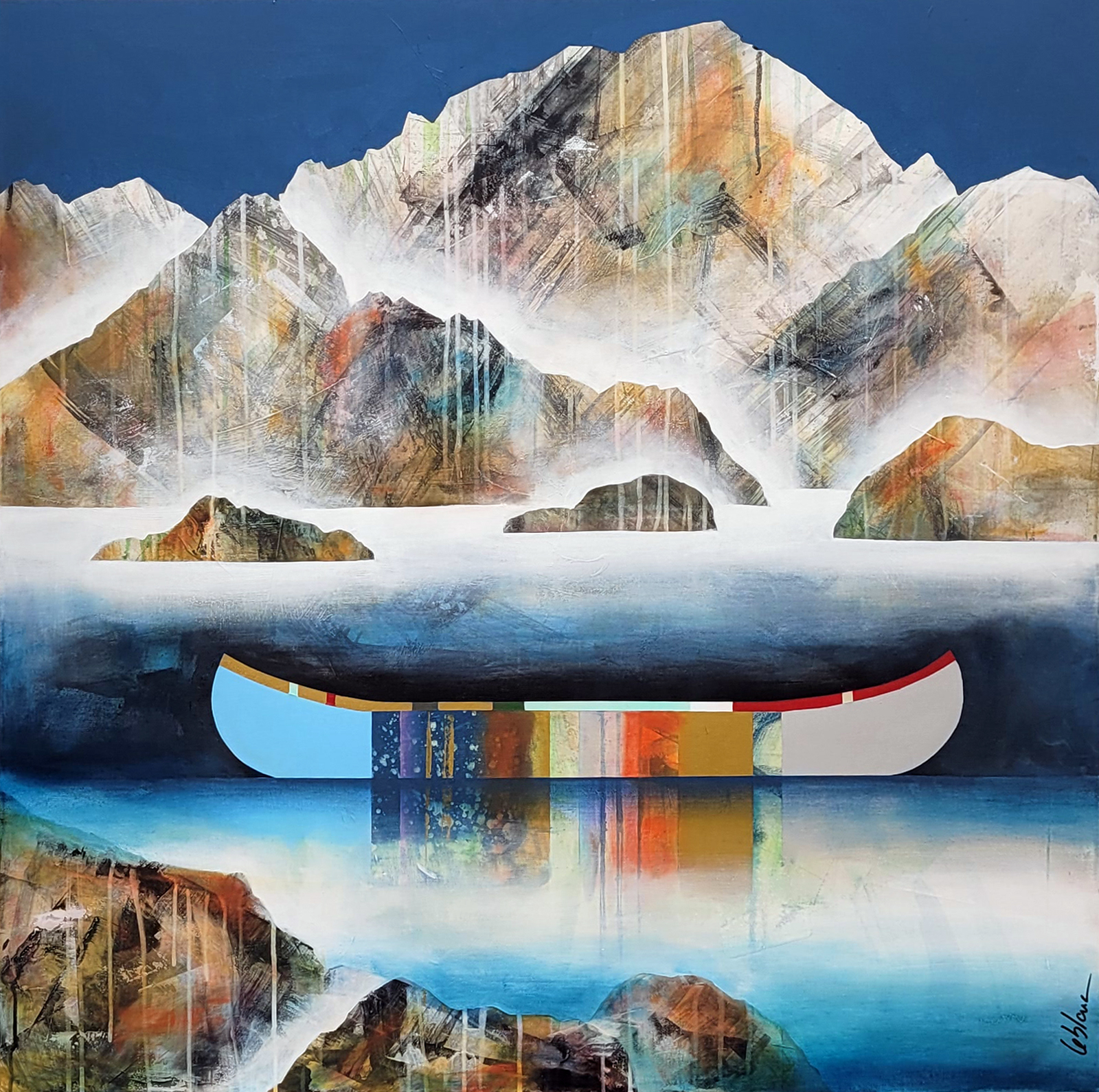 Je t'offre tout ça, original mixed media canoe and mountain painting by Canadian artist Sylvain Leblanc at Effusion Art Gallery in Invermere, BC.