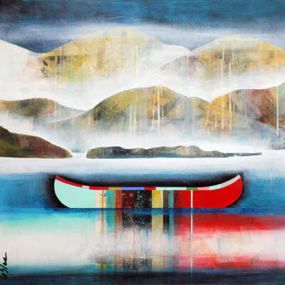 L'anse des souvenirs, original mixed media canoe and mountain painting by Canadian artist Sylvain Leblanc at Effusion Art Gallery in Invermere, BC.