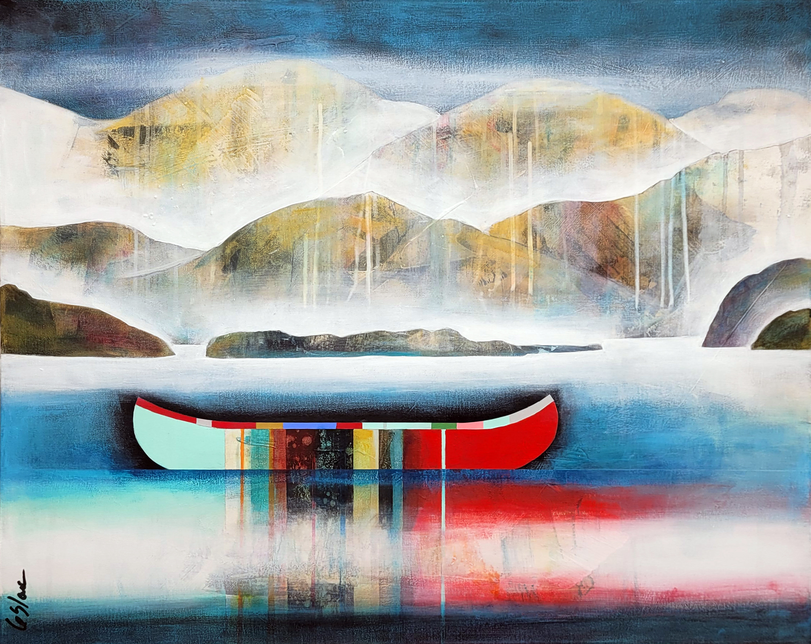 L'anse des souvenirs, original mixed media canoe and mountain painting by Canadian artist Sylvain Leblanc at Effusion Art Gallery in Invermere, BC.