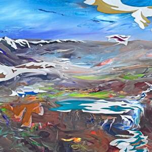 Belanger Plateau, original mixed media landscape painting with stainless steel overlay of Jasper National Park by Canadian artist Joel Masewich at Effusion Art Gallery in Invermere, BC.