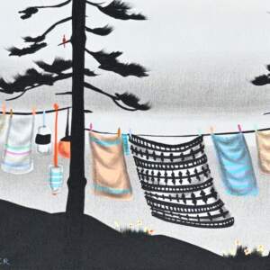 A Warm Breeze and Time, original mixed media landscape painting with hanging laundry by Canadian artist Natasha Miller at Effusion Art Gallery in Invermere, BC.