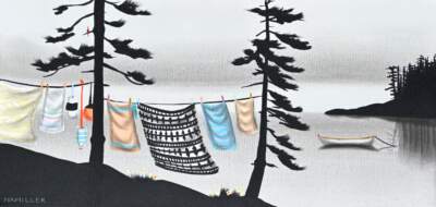 A Warm Breeze and Time, original mixed media landscape painting with hanging laundry by Canadian artist Natasha Miller at Effusion Art Gallery in Invermere, BC.